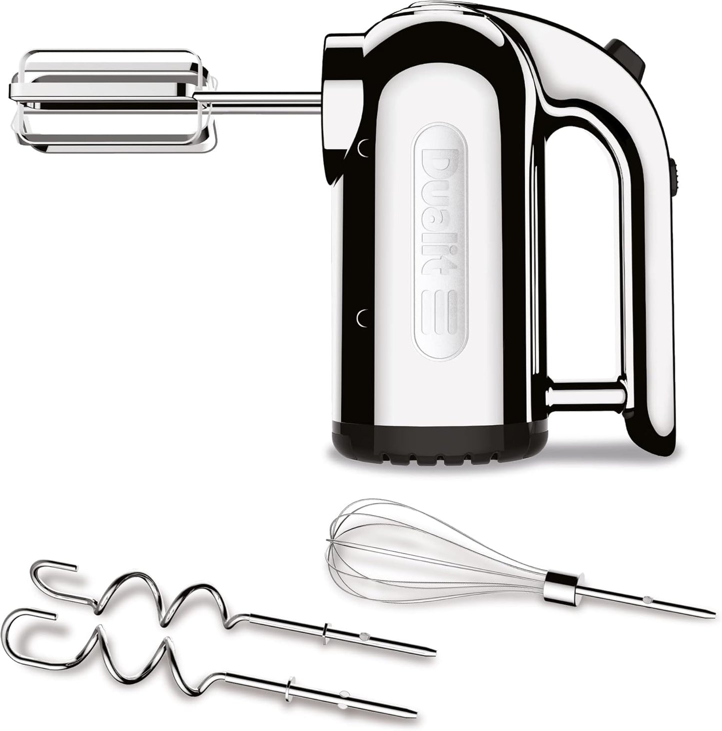 Dualit Hand Mixer - 300W- Strong Grip Handle - Attachments Included - Integral Plug Storage - 4 Speed Settings - Repairable gears - Flat Beaters, Dough Hooks, Balloon Whisk