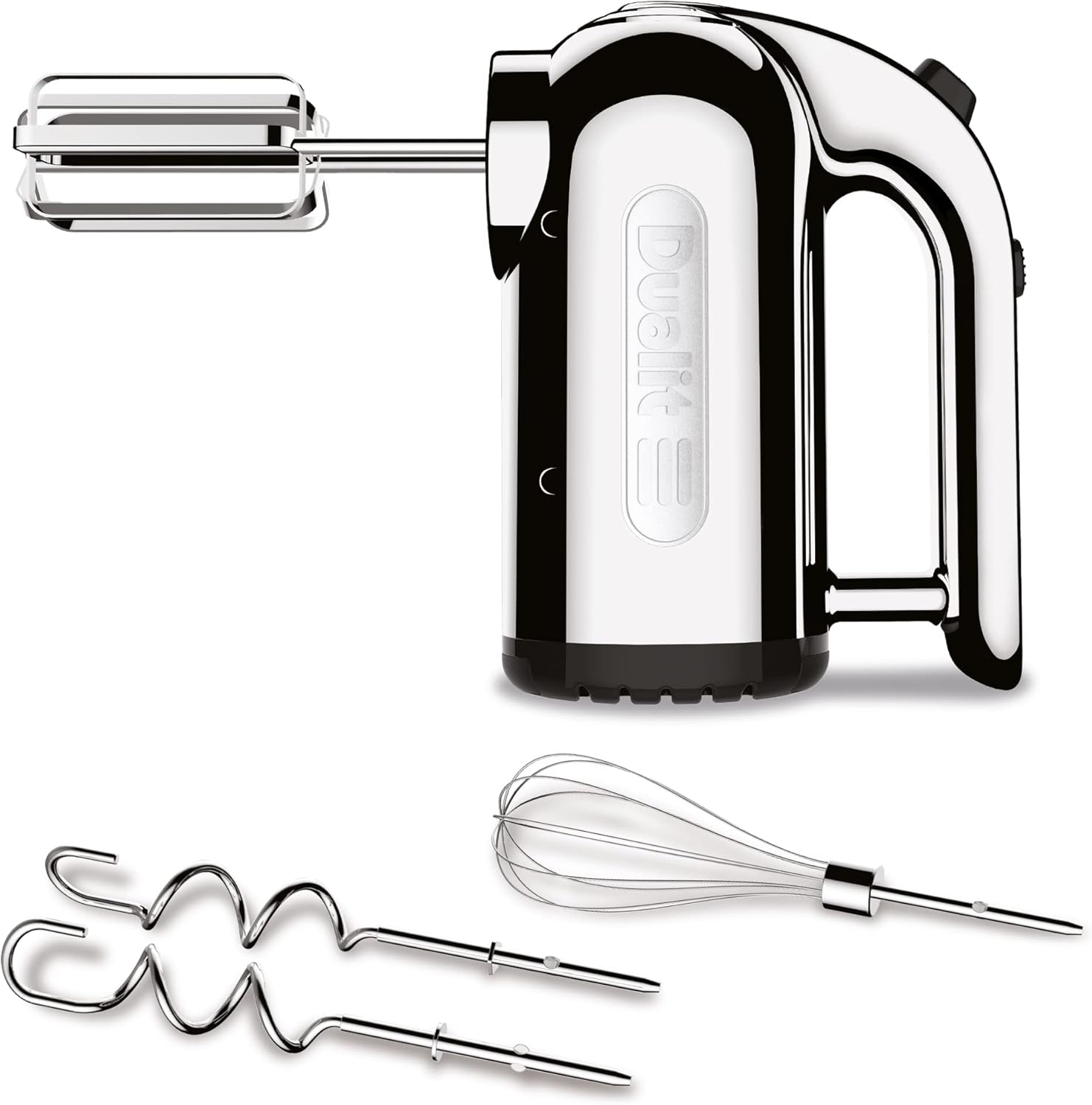 Dualit Hand Mixer - 300W- Strong Grip Handle - Attachments Included - Integral Plug Storage - 4 Speed Settings - Repairable gears - Flat Beaters, Dough Hooks, Balloon Whisk