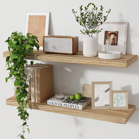 Wood Floating Shelves for Wall Set of 2, 24 Inch Wide Rustic Wooden Floating Shelves, Invisible Wall Mounted Display for Living Room Bedroom Kitchen Bathroom Office, Carbonized Black