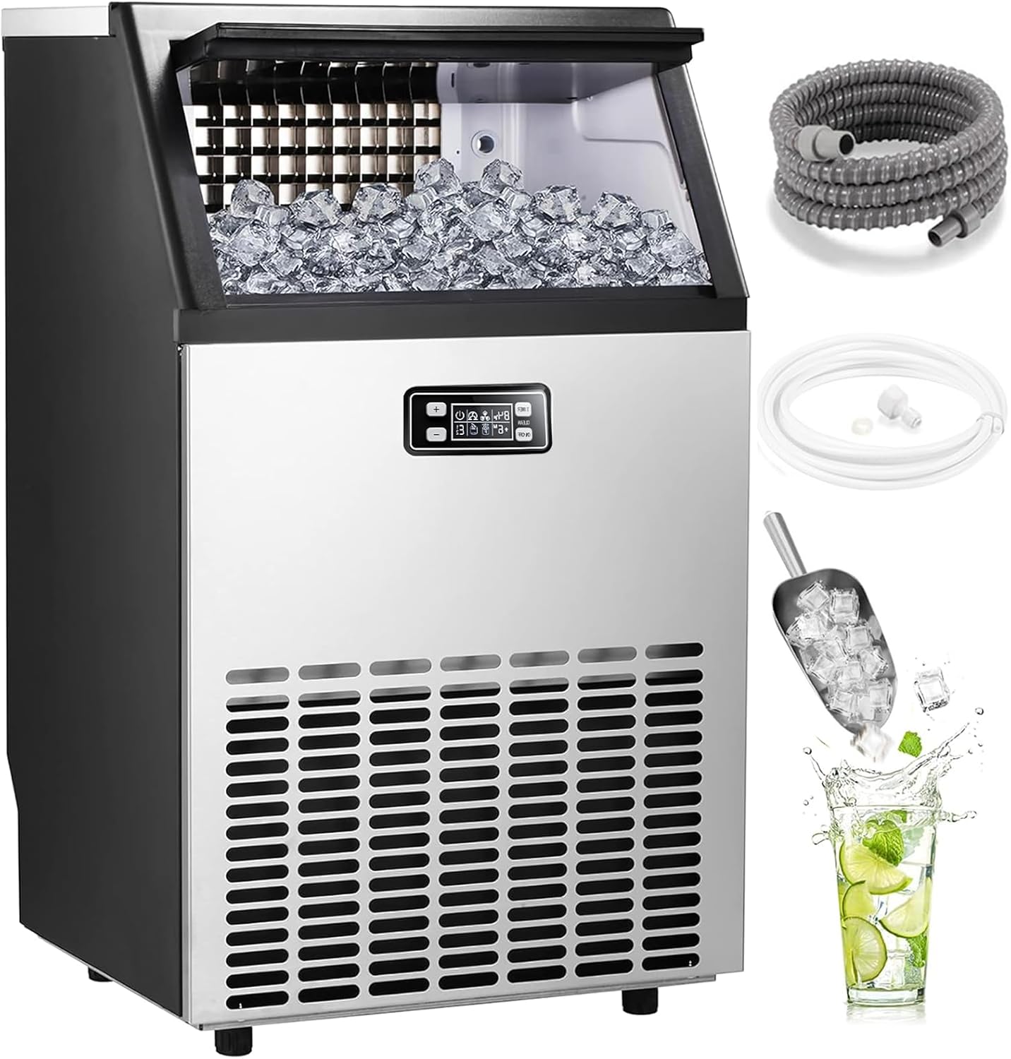 Commercial Ice Maker,2025 Upgraded-101lbs\/24H Stainless Steel Ice Machine with 33lbs Storage Capacity, Auto Self-Cleaning, LED Digital Display, 45 Ice Cubes in 12 Mins,Home\/Bar\/Restaurant