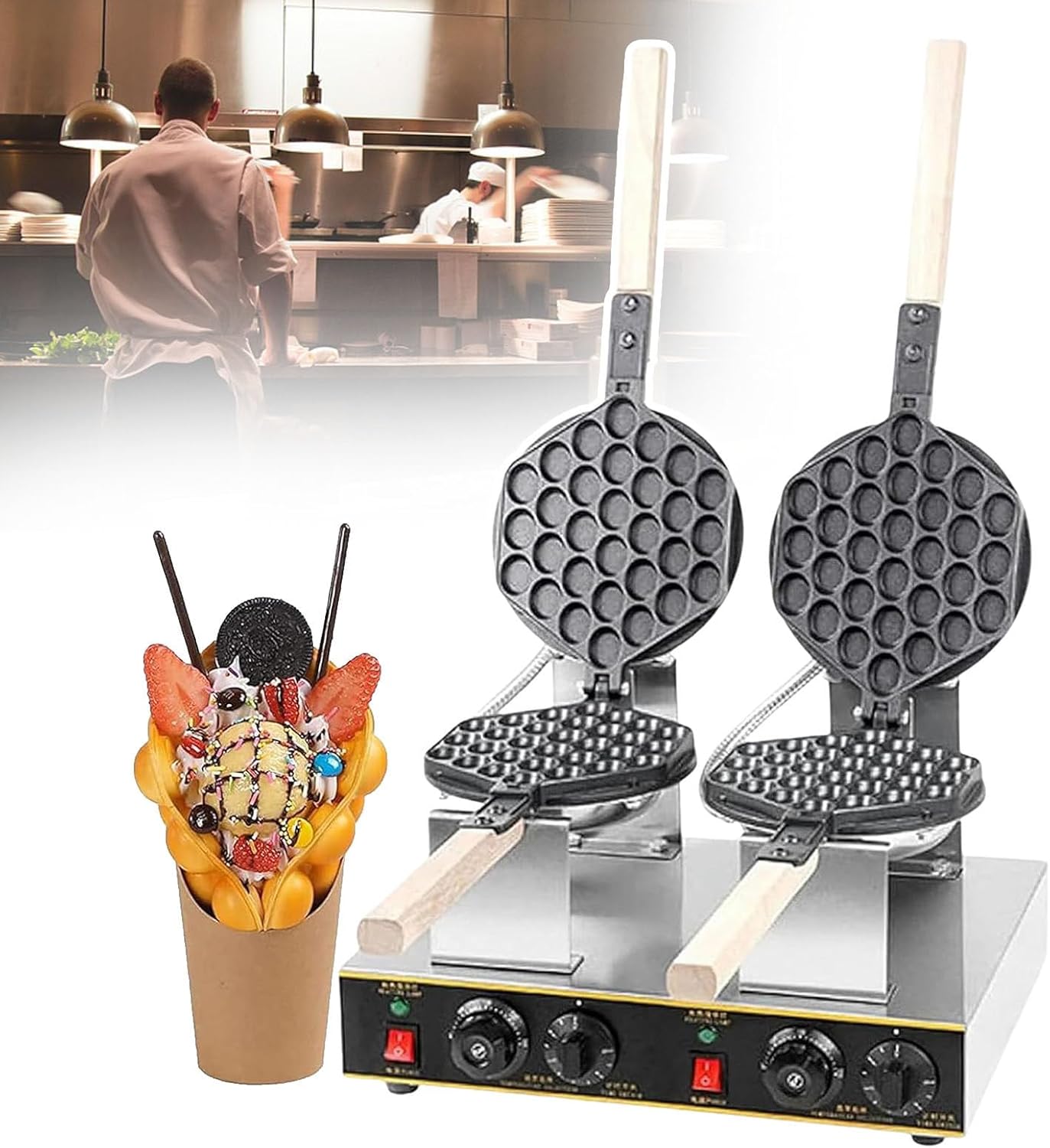 Electric Waffle Baker, Dessert Waffle Iron, Non-Stick Waffle Maker, Stainless Steel Materials, For Family Restaurants/Cafes/Road Snack Bars/School Meetings/Canteens,Double-head