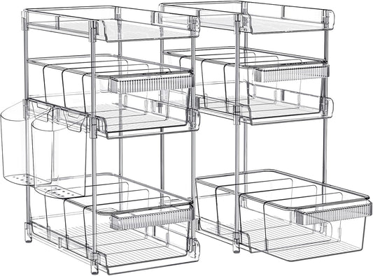 Clear Bathroom Organizers 2 Sets 3 Tier, Pull Out Organizer and Storage with 2 Cups, Slide Out Drawer Storage Container with 6 Dividers, Multi-Purpose Bathroom Organizer, Kitchen Under Sink Organizer
