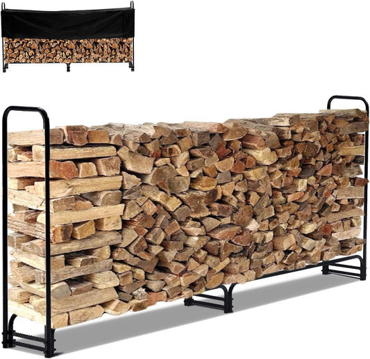 8.5FT Outdoor Firewood Rack with Cover-Heavy Duty Log Rack, Waterproof Fire Wood Storage Holder for Patio, Garden, Yard
