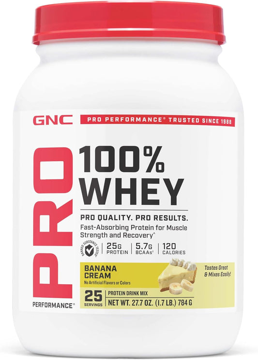GNC Pro Performance 100% Whey Protein Powder, Fast Absorbing Protein, Muscle Strength and Recovery, Banana Cream, 25 Servings