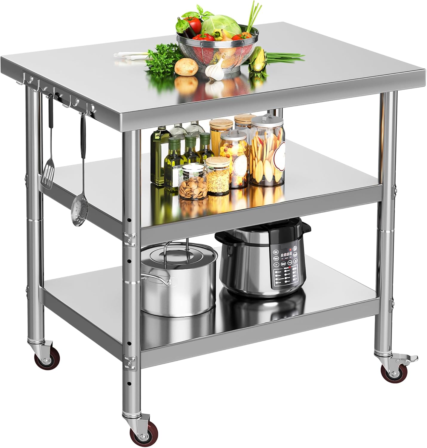 YITAHOME NSF Stainless Steel Table, 30" X 24" Work Table with Wheels, 3 Shelves Metal Prep Worktable for Home Kitchen Restaurant Garage Warehouse Outdoor
