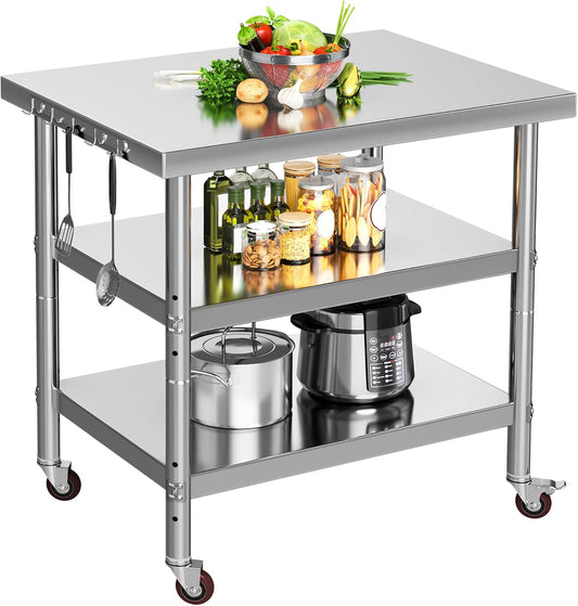 YITAHOME NSF Stainless Steel Table, 30" X 24" Work Table with Wheels, 3 Shelves Metal Prep Worktable for Home Kitchen Restaurant Garage Warehouse Outdoor