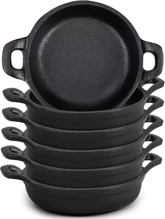 Ziliny Mini Cast Iron Skillets 5 x 5 x 1.3 Inch Cast Iron Pan Small Ramekin Set Black Casserole Dish Cookware Oven Safe Mini Skillets for Kitchen Indoor Outdoor Picnic (6 Pack)