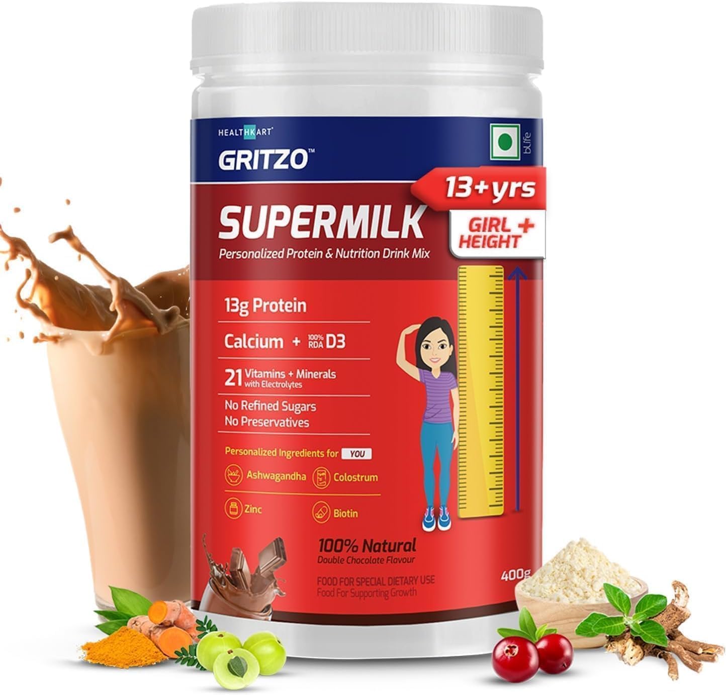 BN SuperMilk Height+ (13+y Girls), 13g Protein (Double Chocolate, 400g) | Zero Refined Sugar, 21 Vitamins & Minerals