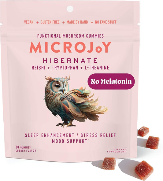 Microjoy Hibernate Gummies \u2013 Natural Sleep Aid with Reishi Mushroom \u2013 Stress Relief and Mood Support \u2013 Vegan, Non-GMO, Cherry Flavor (30 Gummies)