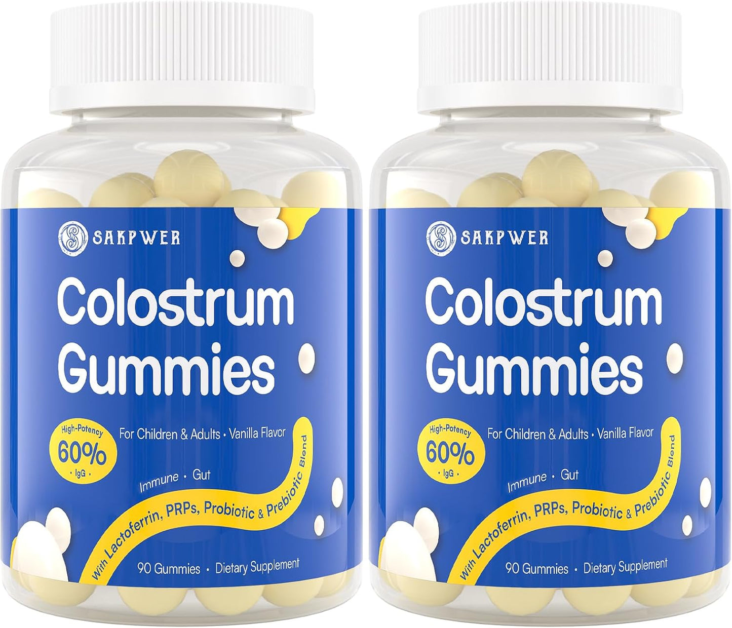 Bovine Colostrum Supplement Gummies - with 60% Highest IgG, Lactoferrin, Probiotics and Prebiotics for Adults and Kids, Vanilla Flavor & Sugar Free, 2 Pack