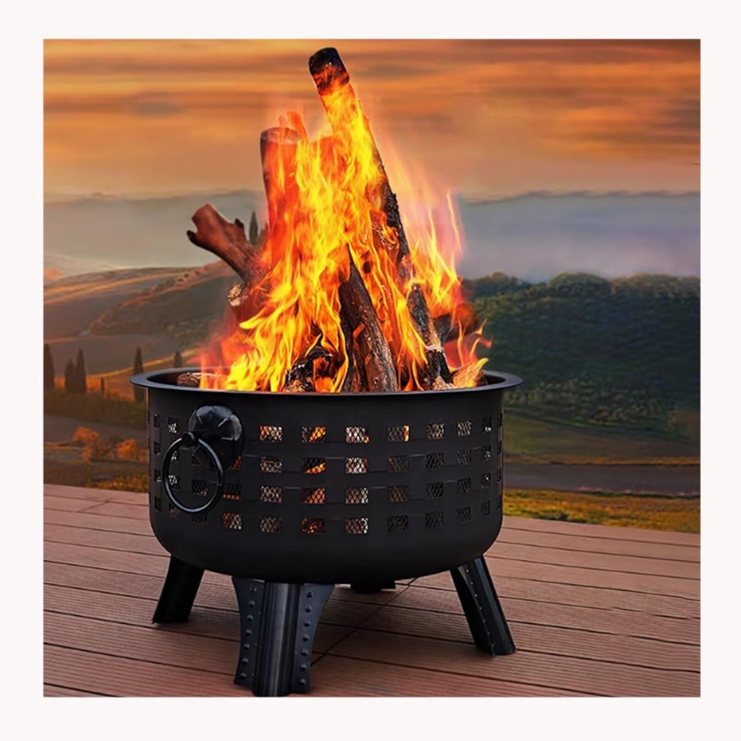 Outdoor Fire Pit & Grill Combo，Heavy-Duty Iron Burn Barrel with Fire Hook & Cooking Grate – Versatile for BBQ, Bonfire, Backyard Heating, Yard Waste Burning (Leaves, Paper) Durable & Rust-Resistant