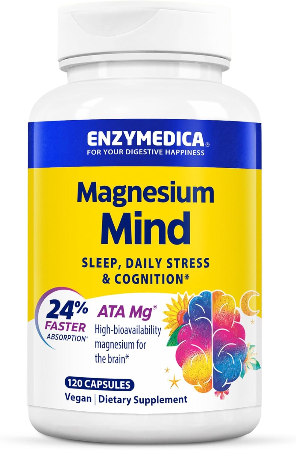 Enzymedica, Magnesium Mind with ATA Mg, 24% Faster Absorption, High-Bioavailability Magnesium for Sleep, Stress & Cognition, 120 Count