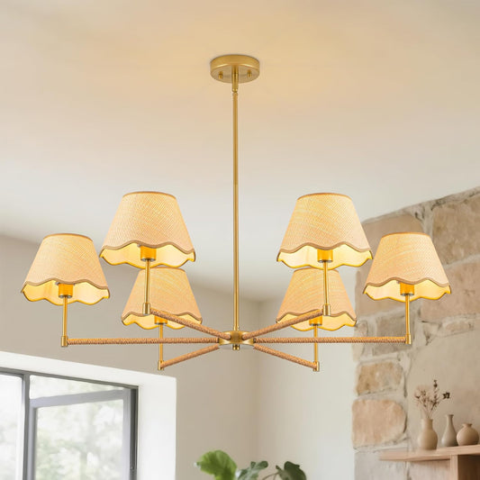 MAYNA 38\u201DRattan Chandelier, 6-Light Farmhouse Rattan Light Fixture with Wicker Lamp Shades, Modern Dining Room Chandelier, Adjustable Boho Chandelier for Kitchen Island, Dining Room, Entryway