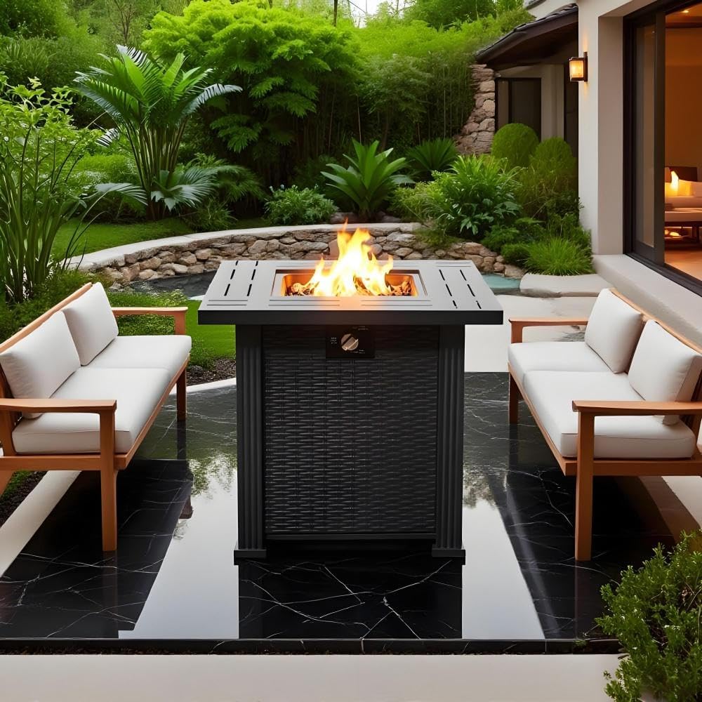 28 Inch Square Propane Fire Pit Table with Lid 50000 BTU Outdoor Steel Fire Pit for Patio Deck Garden Backyard