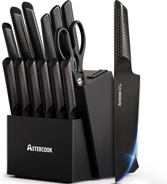 Astercook Knife Set, 15 Pieces Kitchen Knife Sets with Block and Built-in Knife Sharpener, German Stainless Steel Handle One-Piece Design Knives Block Set Dishwasher Safe, Black