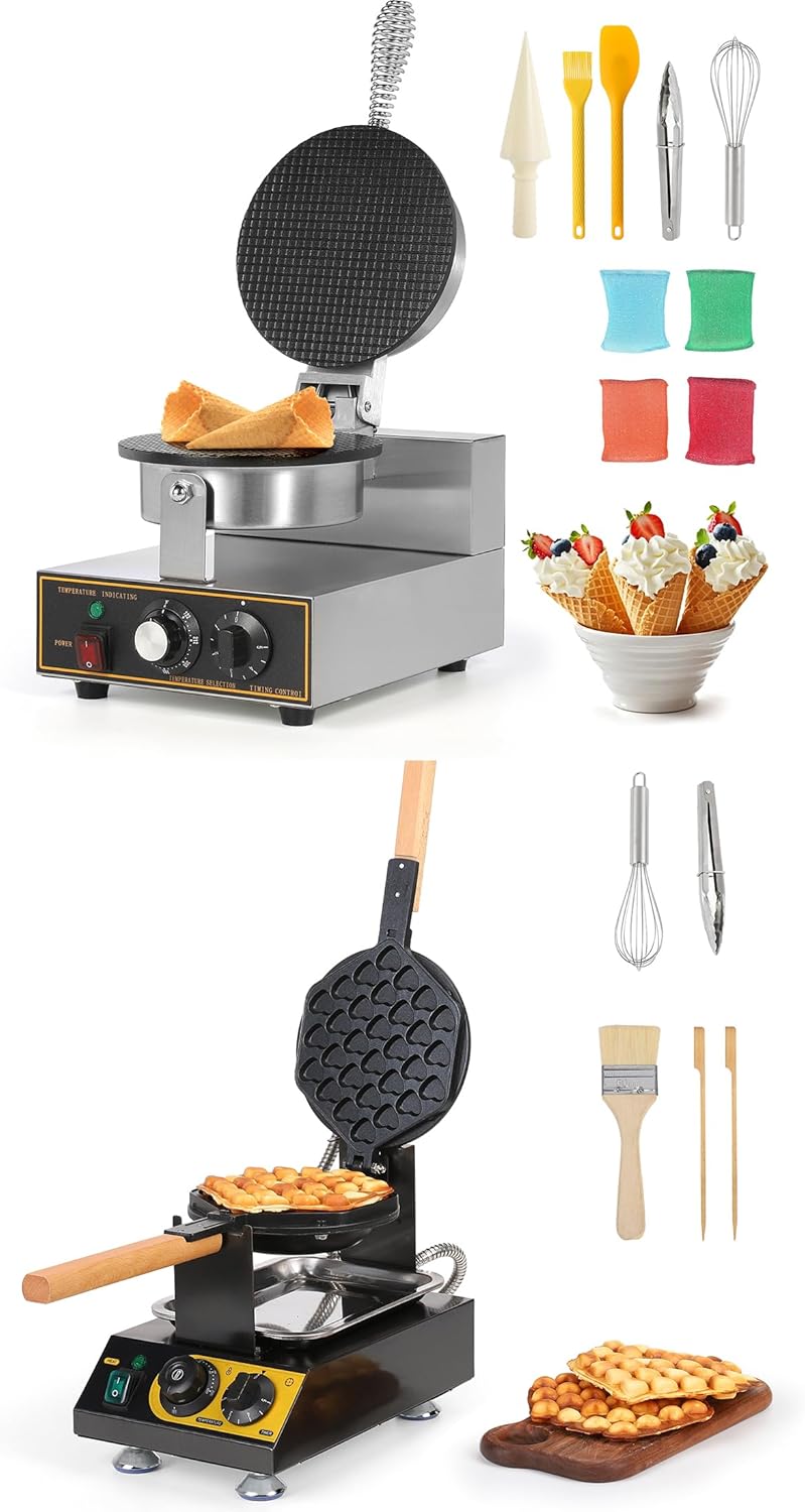 Dyna-Living 1200W Waffle Cone Maker & 1400W Non-stick Egg Waffle Machine, Heart Shape