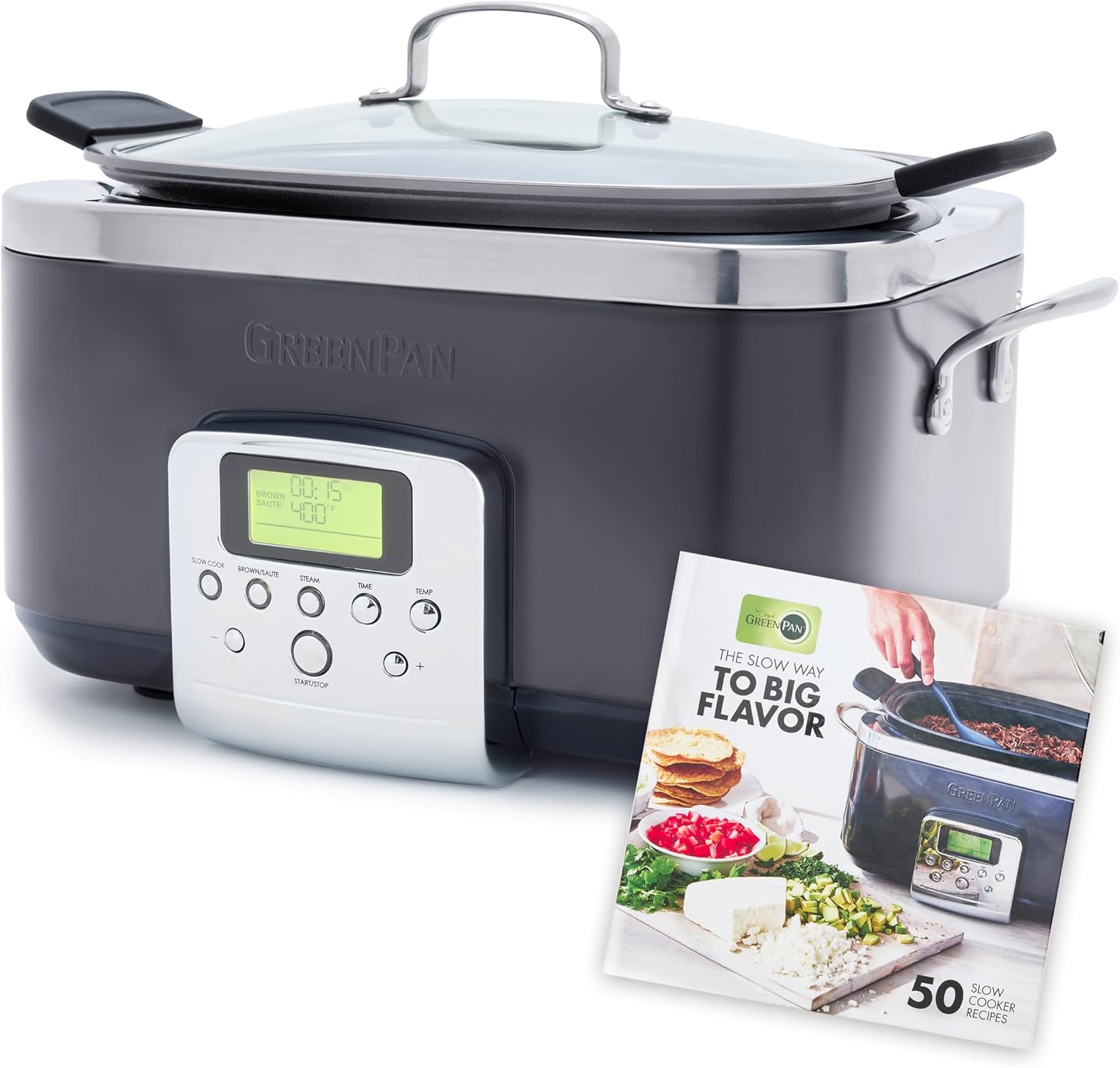 GreenPan Elite 8-in-1 Programmable 6 Quart Electric Slow Cooker, GlassLid & Removable Crock, PFAS-Free Healthy Ceramic Nonstick Multi-Cooker,Sear, Sauté/Brown,Roast, Graphite + Slow Cooker Cookbook