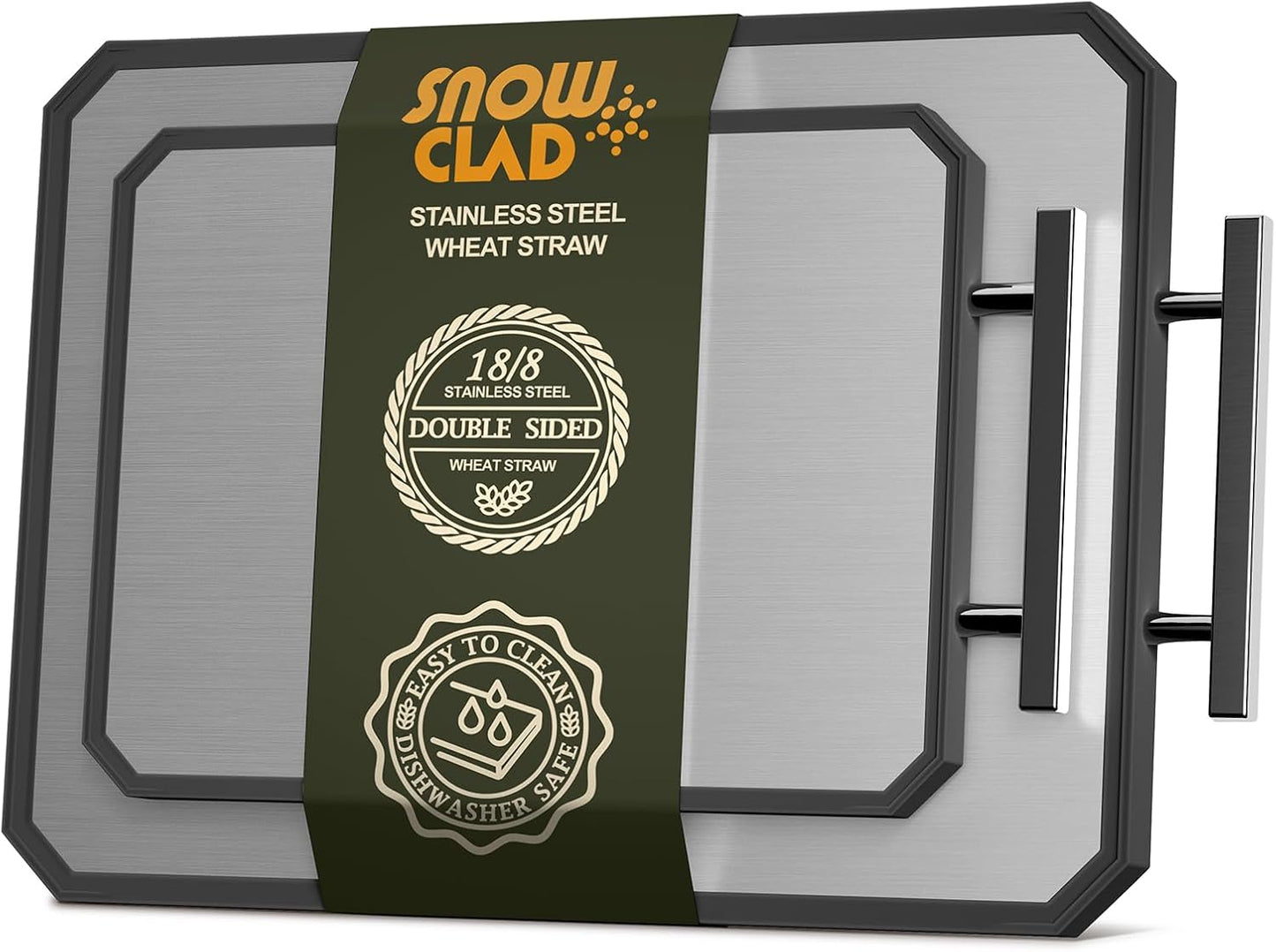 SNOWCLAD Stainless Steel Cutting Board,Double Sided Steel Cutting Board Set for kitchen,Stainless Steel\/Wheat straw pp Large for meat,Dishwasher Safe [16 * 11+12 * 8.3 Inch]