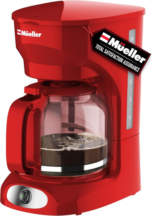 MÜELLERHOME 12-Cup Red Coffee Maker - Perfect for Home or Office, Borosilicate Carafe, Auto-Off, Reusable Filter, Anti-Drip, Keep-Warm Function, Clear Water Level Window, Red Kitchen Accessories