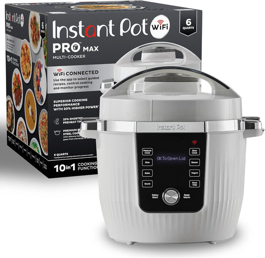 Instant Pot PRO Max Wi-Fi Smart 10-in-1 Pressure Cooker, Steamer, Saute, Warmer, Rice Cooker, Yogurt Maker, Sous Vide, Baker, NutriBoost - Includes App with 2000+ Recipes - 6 Quart