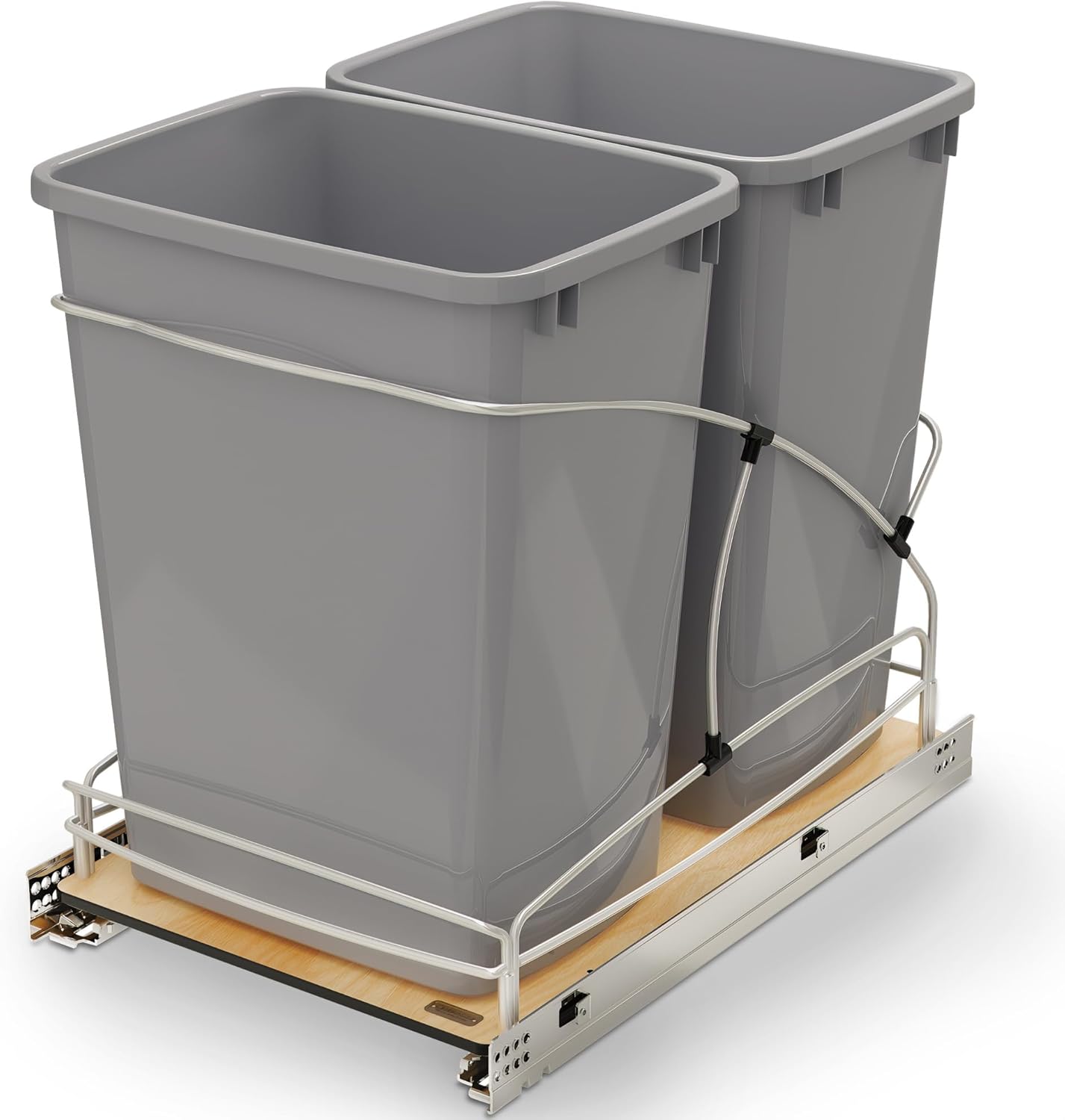 Rev-A-Shelf Steel Bottom Mount Double 35 Quart 8.75 Gallon Waste Bin Trash Container for Under Kitchen Cabinet with Soft Close, Gray, 54WC-1835SC-17-1