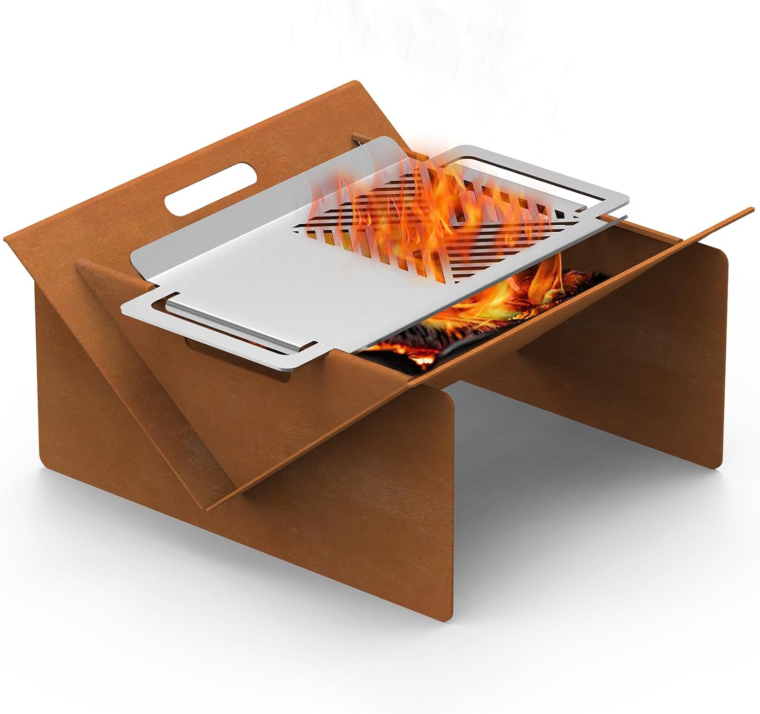 Portable Fire Pit for Outside Wood Burning,Rust & Corrosion Resistant Corten Steel,20 Inch Outdoor Camping Fire Pit with BBQ Tray for Backyard,Patio,Bonfire,Garden