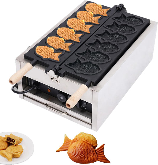 3KW Taiyaki Fish Waffle Maker,Electric Double-sided Heating Commercial Fish Waffle Maker,Adjustable Temperature 0-572℉, Non-stick Stainless Steel Waffle Iron Baker Machine for Family, Food Stores