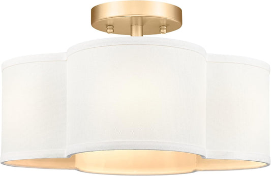 Audickic Gold Semi Flush Mount Ceiling Lights, 14" 4-Light Ceiling Light Fixtures with Fabric Shade in Quatrefoil Shape, Farmhouse Brass Drum Lighting for Kitchen Hallway Bedroom, AD-22007-4SF-GD