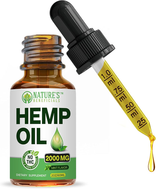 Nature's Beneficials Organic Hemp Oil Extract Drops, 2000mg - Omega Fatty Acids 3 6 9, Non-GMO Ultra-Pure CO2 Extracted