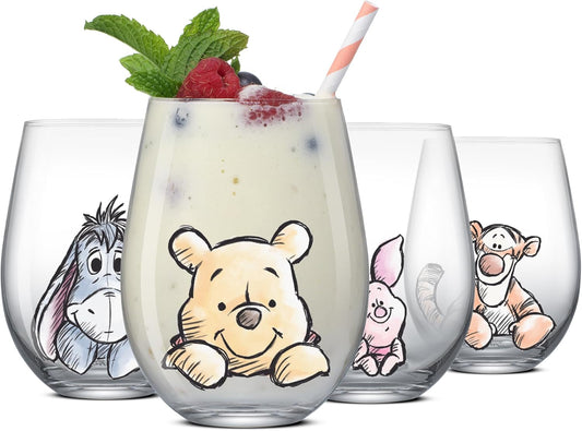 JoyJolt Disney Winnie the Pooh Exploring a Classic Stemless Drinking Glasses, 19oz Glass Cups ft Pooh Bear Tigger Piglet Eeyore, Kitchen Glassware Set of 4, Winnie the Pooh Adult Gifts