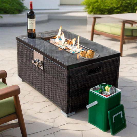 32" Propane Fire Pit Table, 50000 BTU Rectangular Outdoor Firepit with Tempered Glass Top and Rattan Base for Patio Deck Gathering, Brown (Brown)