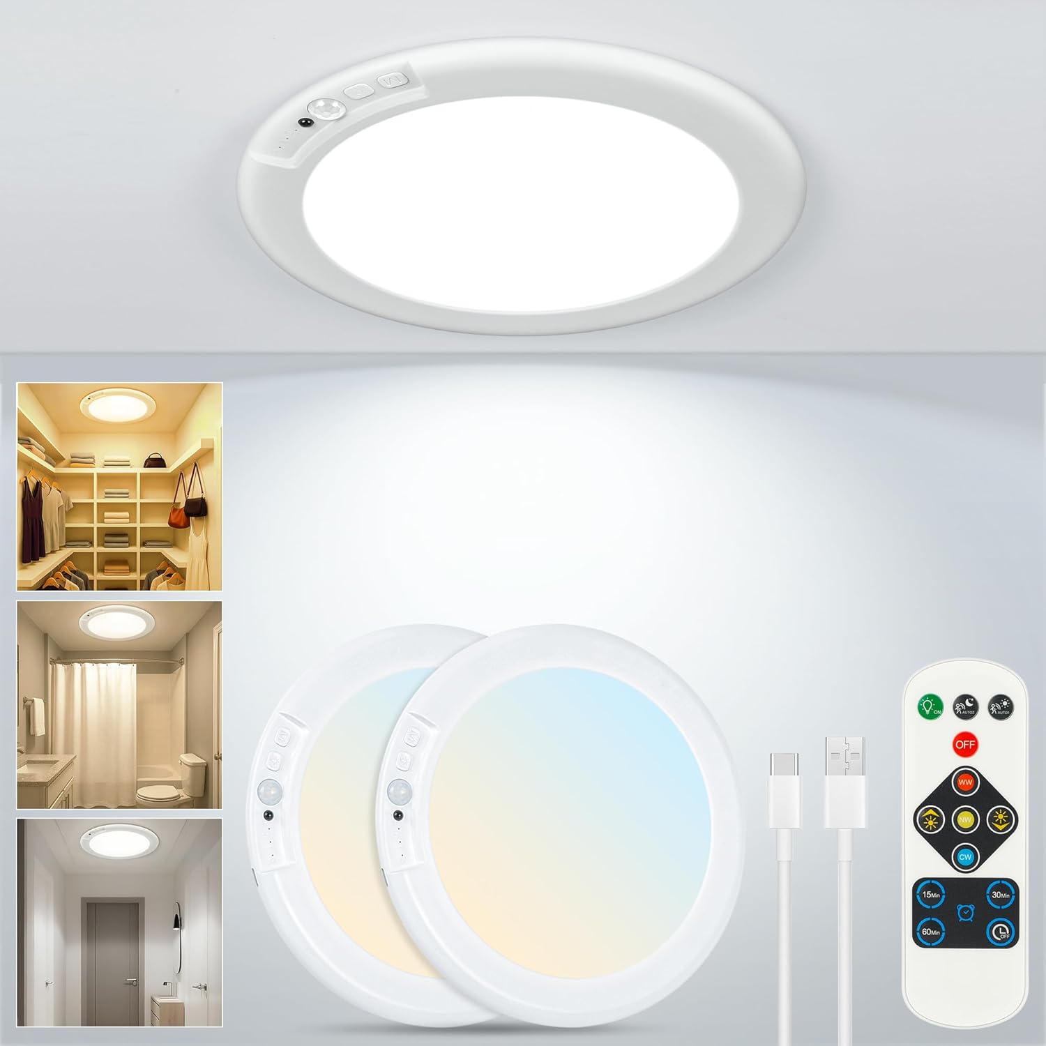 Rechargeable Ceiling Light No Wiring - Motion Sensor Night Light Indoor with Remote, Battery Operated Led Lights for Bedroom Hallway, Living Room, Bathroom, Home & Kitchen Decor Lighting (2)