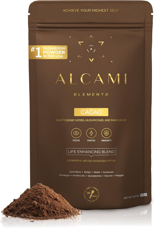alcami elements Cacao Mushroom Coffee 10X Concentrated Extract, with Lion's Mane, Reishi & Cordyceps, Energy & Focus Support, 30 Servings, Premium Supplement Powder