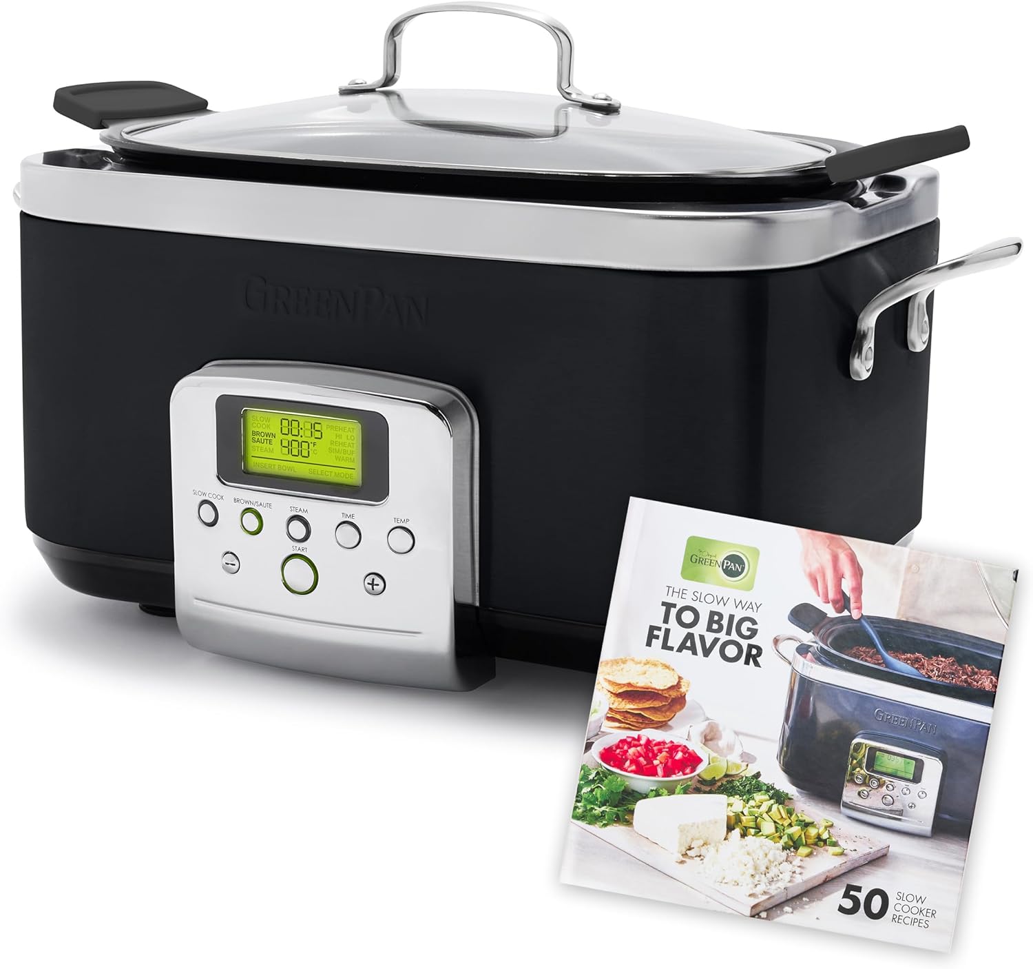 GreenPan Elite 8-in-1 Programmable 6 Quart Electric Slow Cooker, GlassLid & Removable Crock, PFAS-Free Healthy Ceramic Nonstick Multi-Cooker,Sear, Sauté/Brown,Roast Black + Slow Cooker Cookbook
