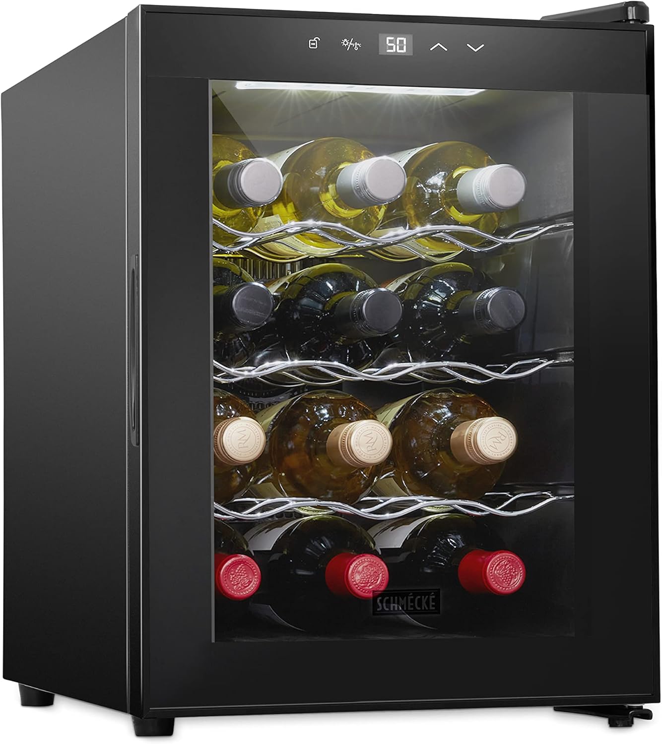 Schmécké 12 Bottle Red And White Wine Thermoelectric Wine Cooler\/Chiller Counter Top Wine Cellar with Digital Temperature Display, Freestanding Refrigerator Smoked Glass Door Quiet Operation Fridge