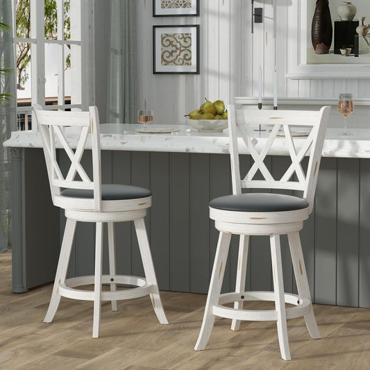 Betterhood 24" Counter Height Swivel Bar Stools - High Back Swivel Counter Stools with Upholstered Seat & Solid Wood Footrest, Counter Bar Chairs for Kitchen Island & Pub (Antique White, Set of 2)