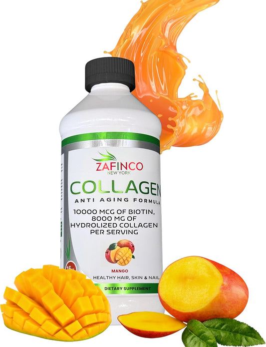 ZAFiNCO Liquid Collagen Peptides for Women & Men-Mango Flavored 10000 mcg Biotin+8000 mg Hydrolyzed,Sugar Free Premium Juice for Anti-Aging,Skin,Hair,Nails & Joints -16 Fl oz-Made in USA