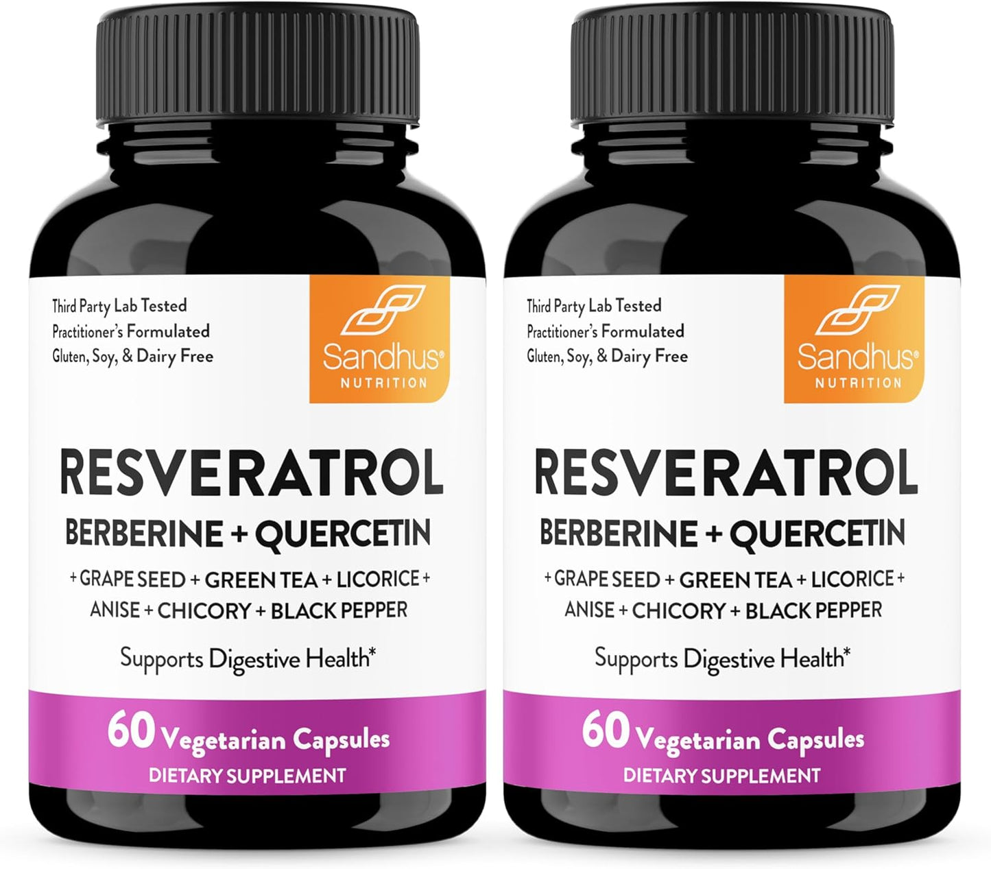 Sandhu's Resveratrol with Berberine for Gut Health | Digestive Supplement for Women & Men | Green Tea, Star Anise, DGL, Grape Seed Extract & Quercetin | Eases Bloating | 60 Capsules (Pack of 2)