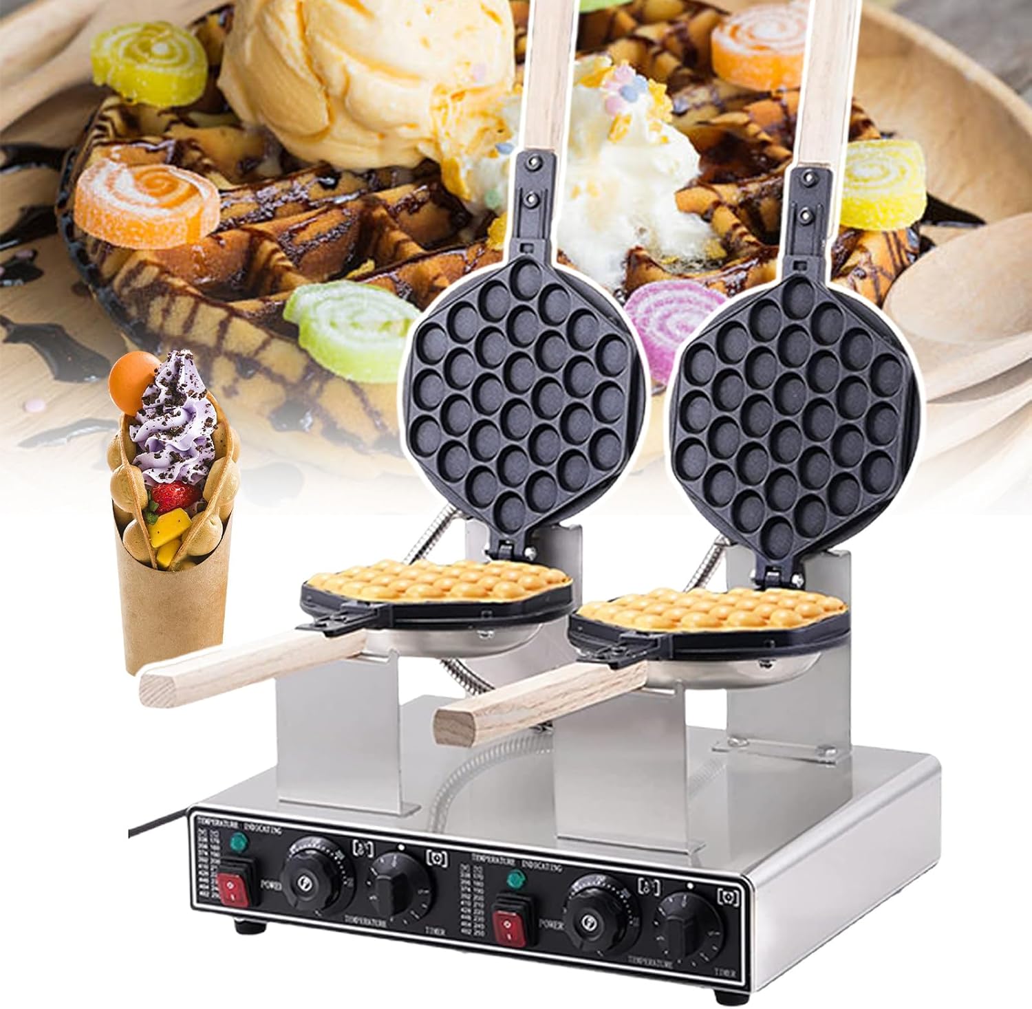 pealiritansemen Commercial Bubble Waffle Maker, Electric Non-Stick Pan Stainless Steel Egg Waffle Maker, with Temperature\/Time Control Knob, for Home Commercial Use,DoubleHead