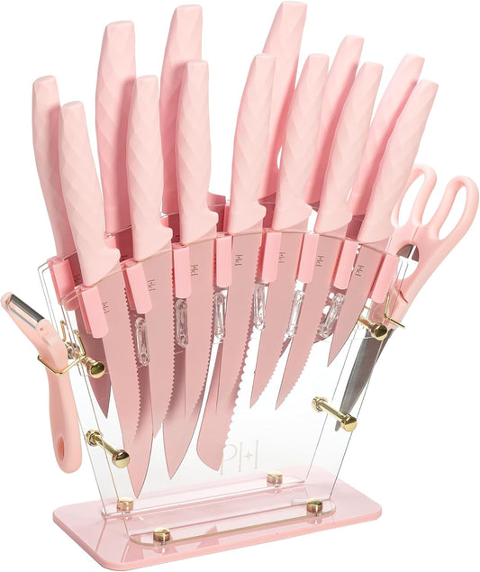 Paris Hilton Knife Block Set with Fan Style Clear Acrylic Knife Block, Premium Stainless Steel Blades with Nonstick Coating, Comfort Grip Handles, 16-Piece Set, Pink and Gold