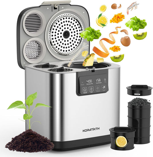 4L Electric Composter for Kitchen: Indoor Smart Quick Composting Machine with LED Timer Display, Odorless/Low-Noise Auto Garbage Disposal Home Countertop Compost Bin,Turn (Black)