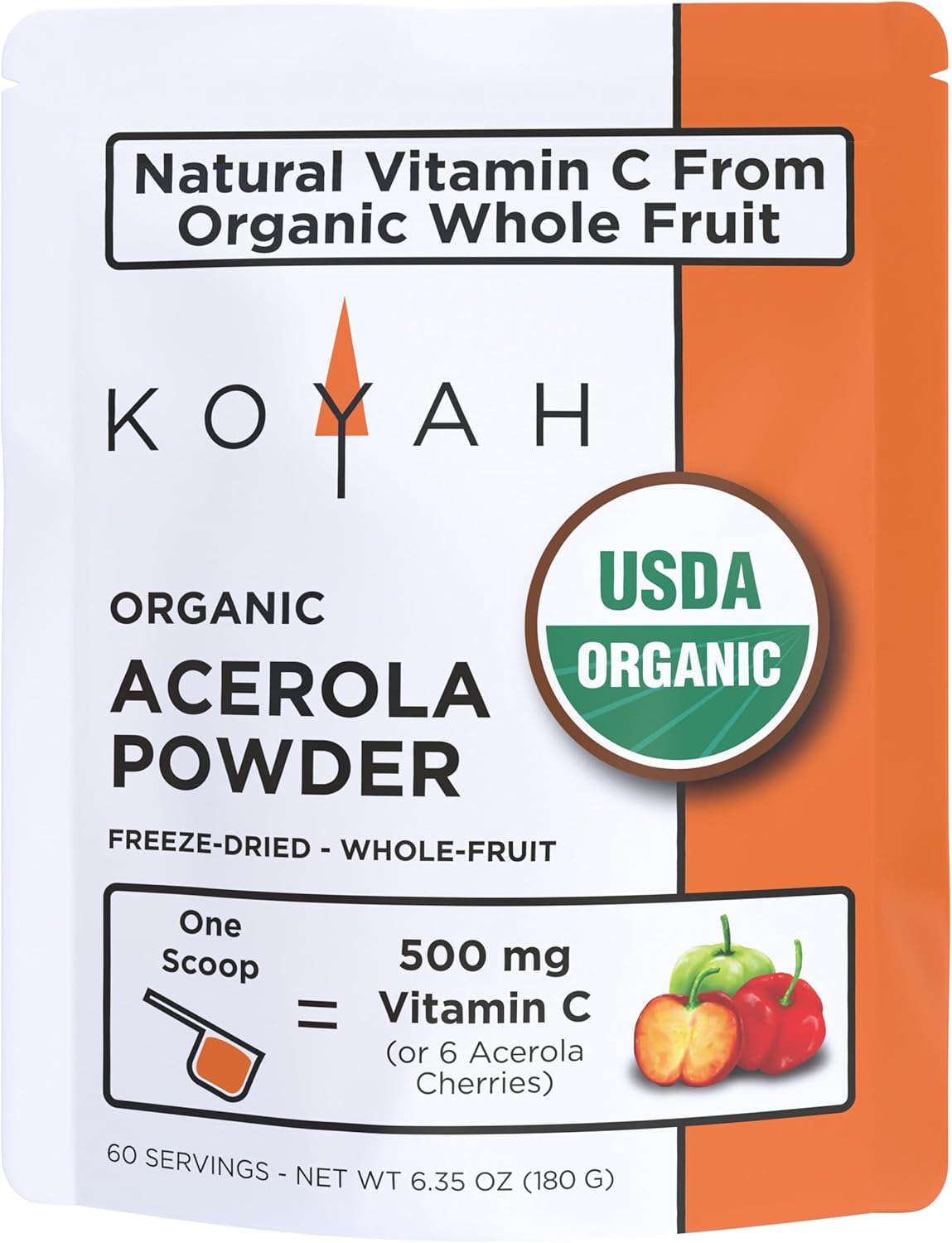 KOYAH - Organic Acerola Powder: Freeze-Dried, 100% Pure, 500 mg Natural Vitamin C per Scoop, Whole-Food, Non-GMO, Vegan, 60 Servings, Made from acerola Cherries Grown in Brazil