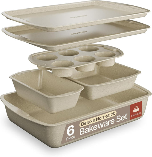 Bakken Swiss - Bakeware Set – 6 Piece – Stackable, Deluxe, Non-Stick Baking Pans for Professional and Home Cooking – Carbon Steel, White Stone Coating