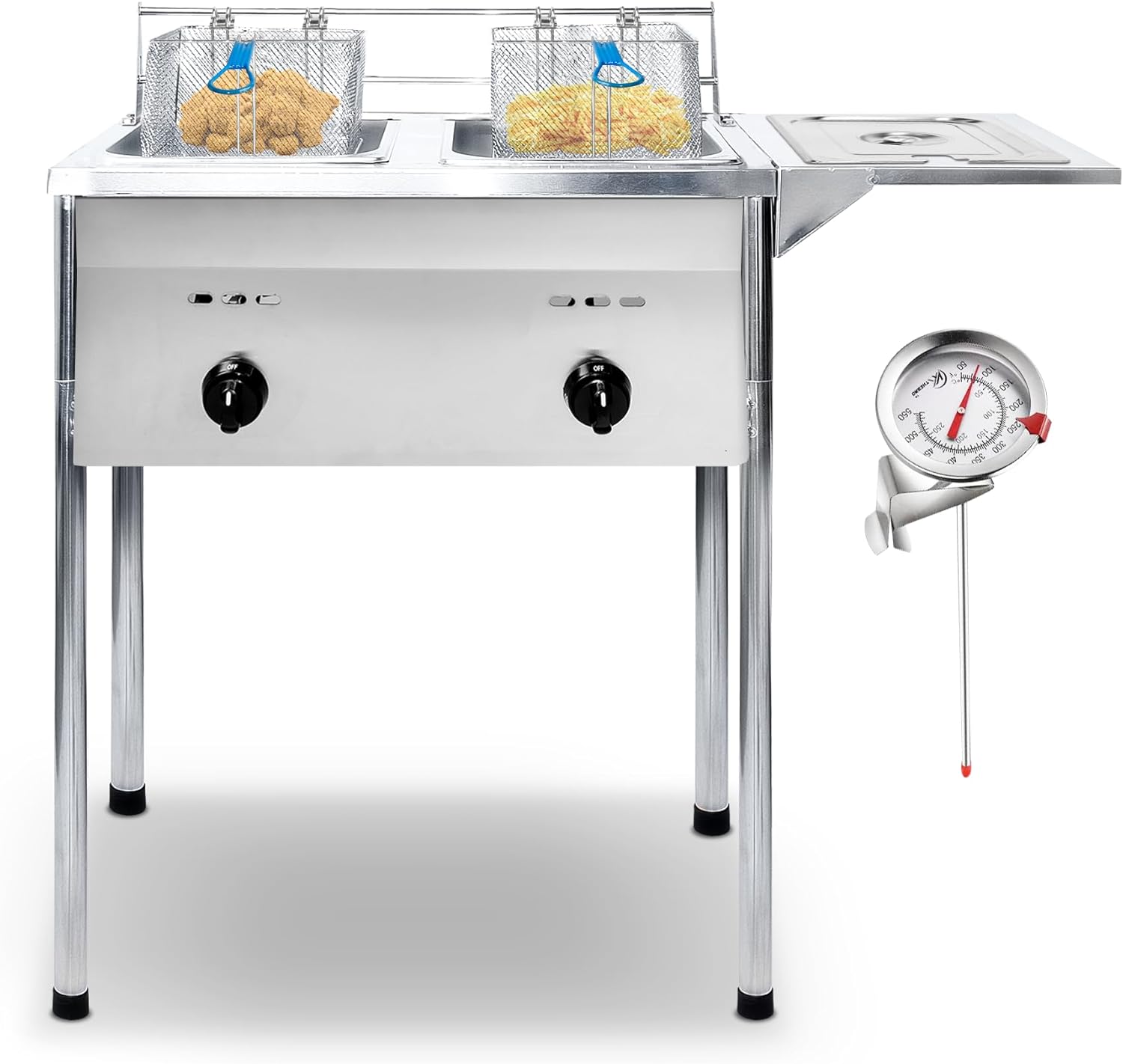 Two Tank Outdoor Deep Fryer with Thermometer | Propane Deep Fryer with 2 Stainless Steel Basket & Lid Covers | Large Oil Tank Capacity with Regulating Knobs