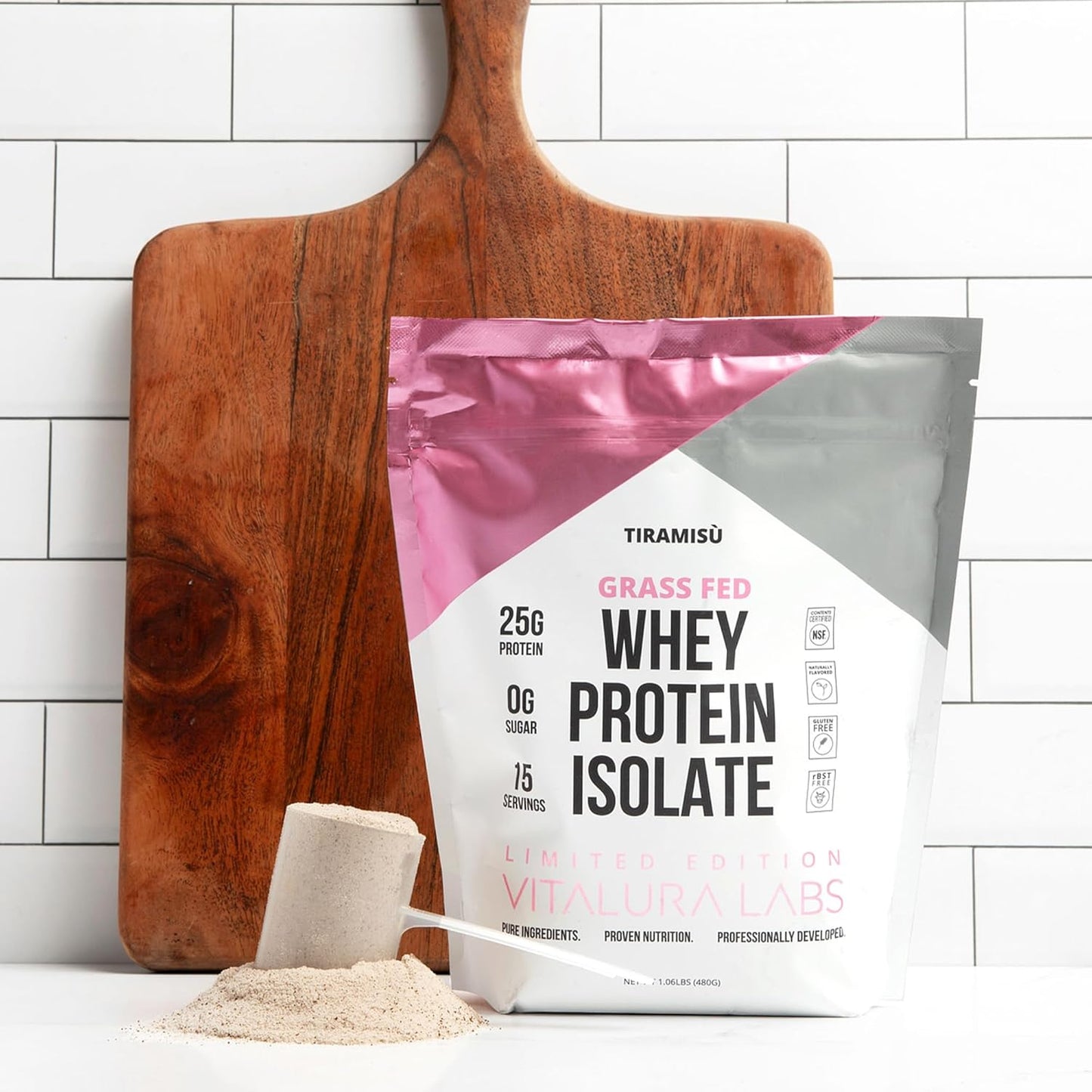 Vitalura Labs Grass-Fed Whey Protein Isolate - Protein 25g (DV 50%) Per Serving - 100% Whey Isolate - NSF Content Certified - Tiramisu Flavored - No Fillers - Easy Digesting - 15 Servings