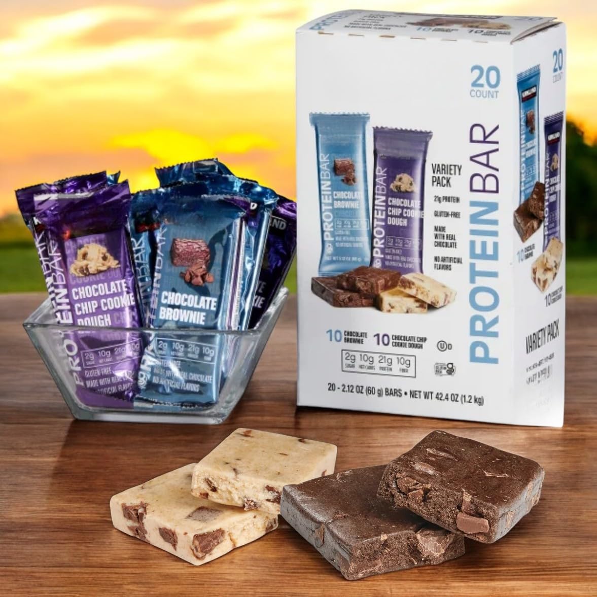 Protein Bar – 20-Count Variety Pack, Kirkland Quality – Chocolate Chip Cookie Dough & Chocolate Brownie, Gluten-Free