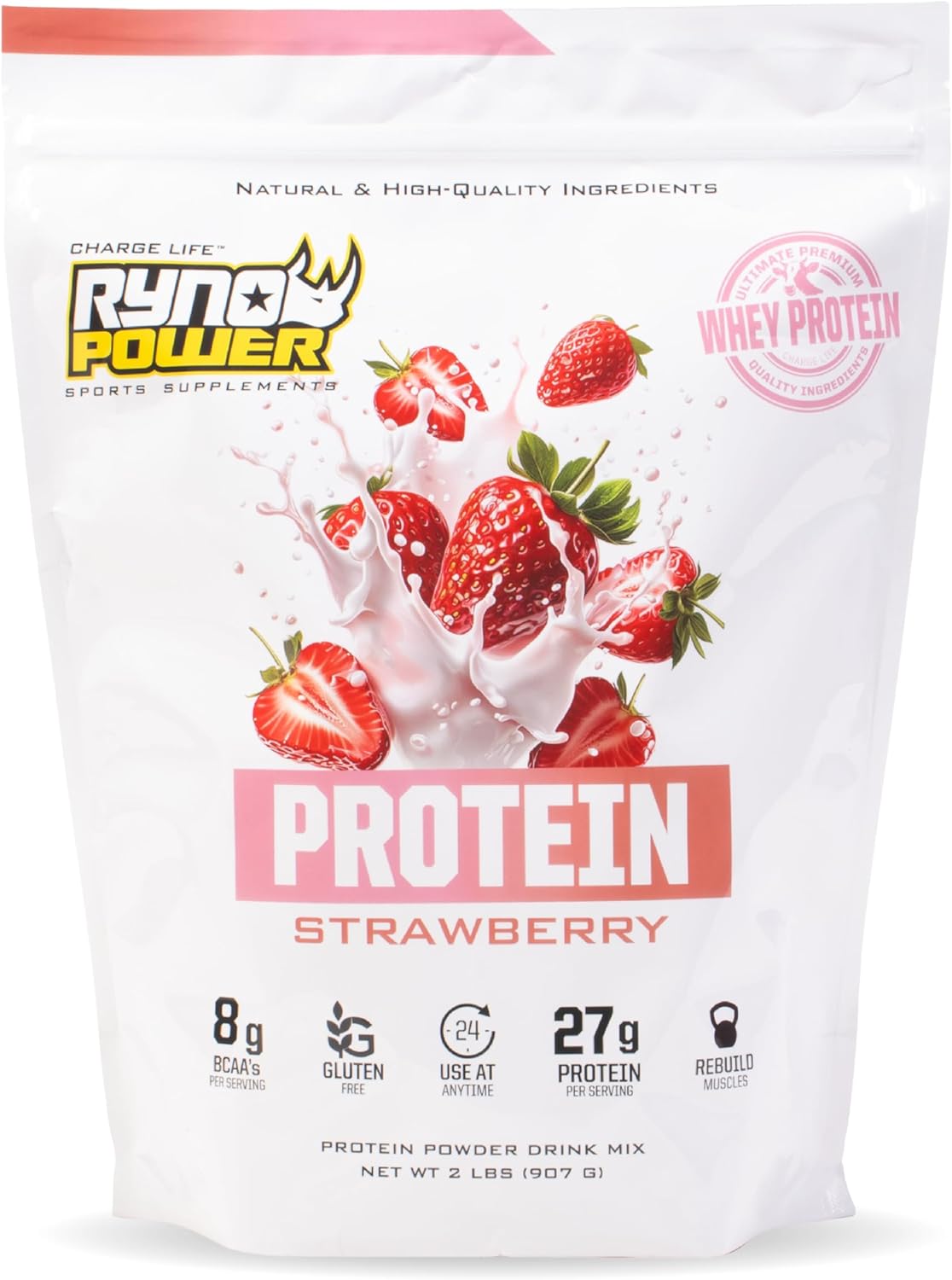 Ryno Power All Natural Whey Protein 2lb (20 Servings) 'Strawberry' - 100% Whey Protein Blend & No Fillers - Non GMO