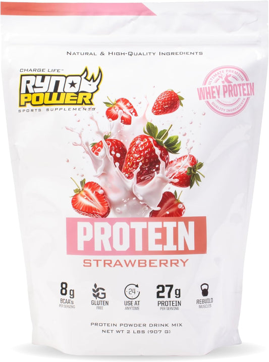 Ryno Power All Natural Whey Protein 2lb (20 Servings) 'Strawberry' - 100% Whey Protein Blend & No Fillers - Non GMO