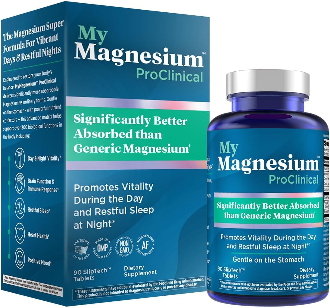 MyMagnesium ProClinical - Magnesium Bisglycinate Chelate Buffered + Zinc + Ashwagandha + More - Allergen Free - Made Without GMO - Purity Products - 90 Clean Finish SlipTech Tablets