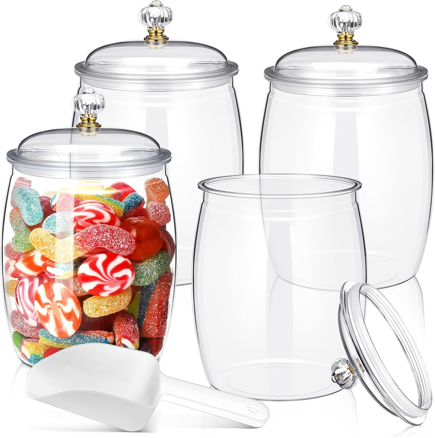 Nuogo 4 Pcs Plastic Candy and Cookie Jars with Lids Clear Cookie Container Candy Jars Large Airtight Apothecary Storage Organization for Wedding Home Kitchen Bar(64 oz)
